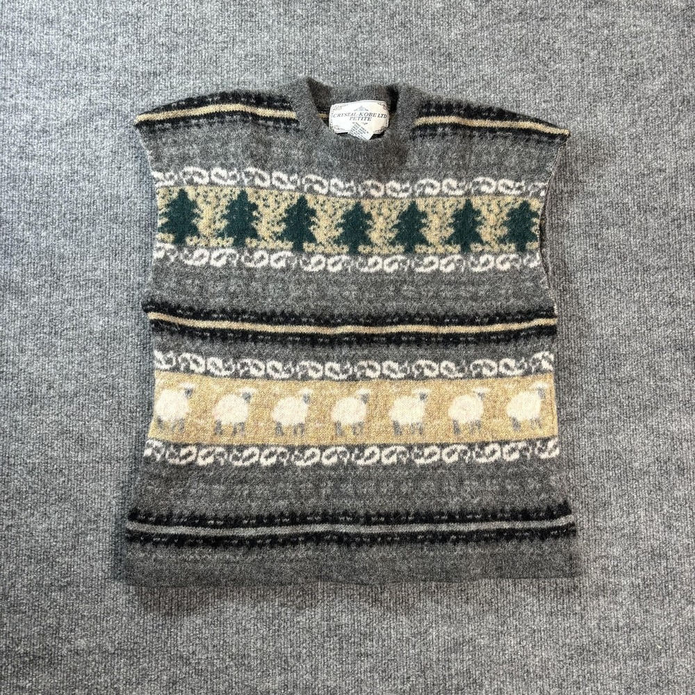 Crystal-Kobe Ltd Sweater Vest Womens Petite‎ L Gray Wool Fair Isle Sheep